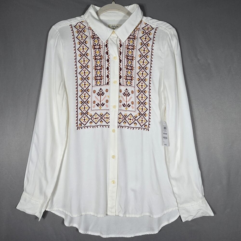 Style & Co‎ Embroidered Blouse Womens Medium White Rayon Shirt Boho Tunic Top